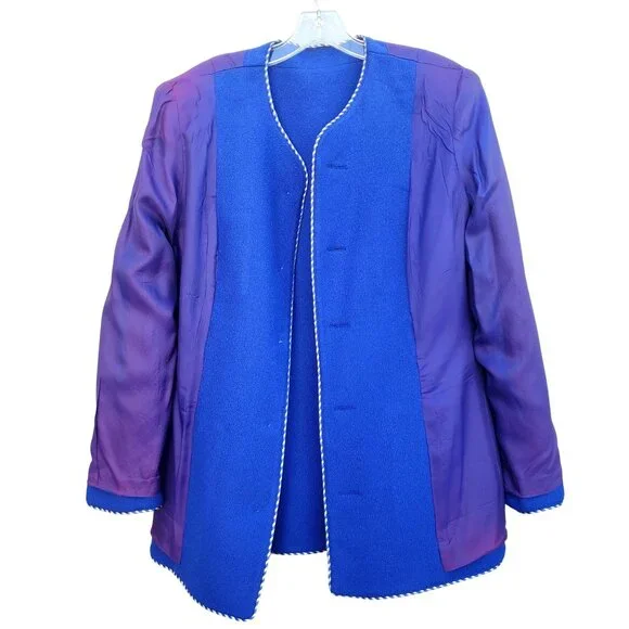 Vintage 80s Electric Blue Wool Power Skirt Suit L XL Rhinestone Buttons - Picture 10 of 13